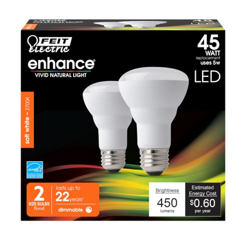 Feit Electric R20DM/927CA/2 LED Bulb, Flood/Spotlight, 450 Lumens, 5 W, R20 Lamp, 45 W Equivalent, E26 Lamp Base, 2/PK