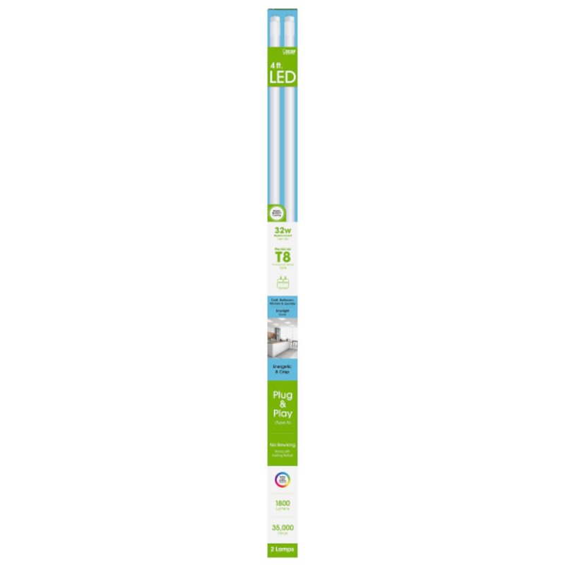Feit Electric T848/850/LEDG2/2 Plug and Play LED Light Bulb, Linear, 1800 Lumens, 18 W, T8 Lamp, 100 W Equivalent, 2/PK