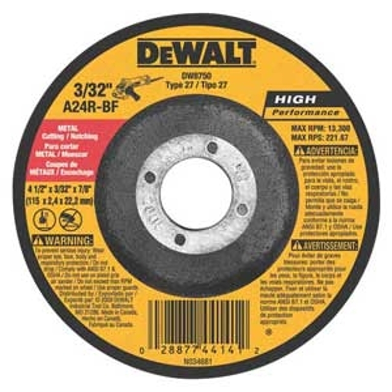 DEWALT HP Series DW8750 Cut-Off Wheel, 4-1/2 in Dia, 0.045 in Thick, 7/8 in Arbor, A24R Grit, Aluminum Oxide Abrasive