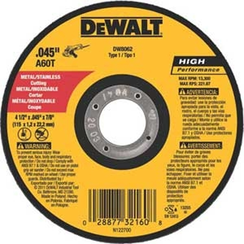 DeWALT DW8063 Cutting Wheel, 5 in Dia, 0.045 in Thick, 7/8 in Arbor, 60 Grit, Aluminum Oxide Abrasive