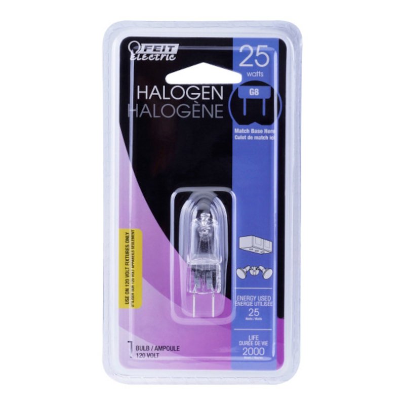 Feit Electric BPQ25/G8/CAN Halogen Bulb, 1.8 in L Dimensions, 25 W, G8 Lamp Base, JCD T4 Lamp, 3000 K Color Temp