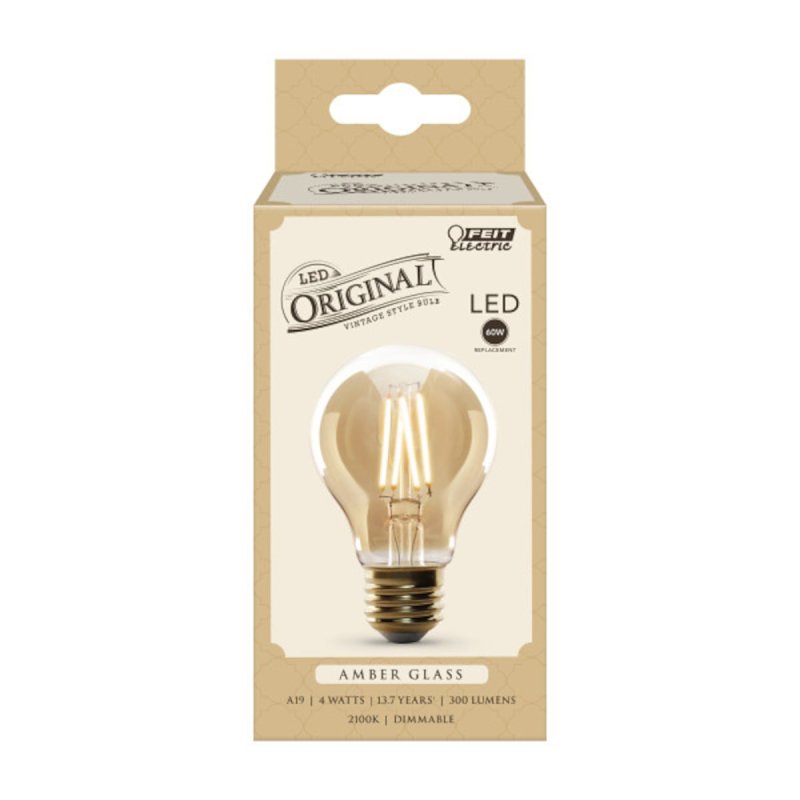 Feit Electric AT19/VG/LED Bulb, Decorative 4W, 60W Replacement AT19 E26 Dimmable Straight Filament Amber Glass Vintage Edison LED Light Bulb, Soft White.
