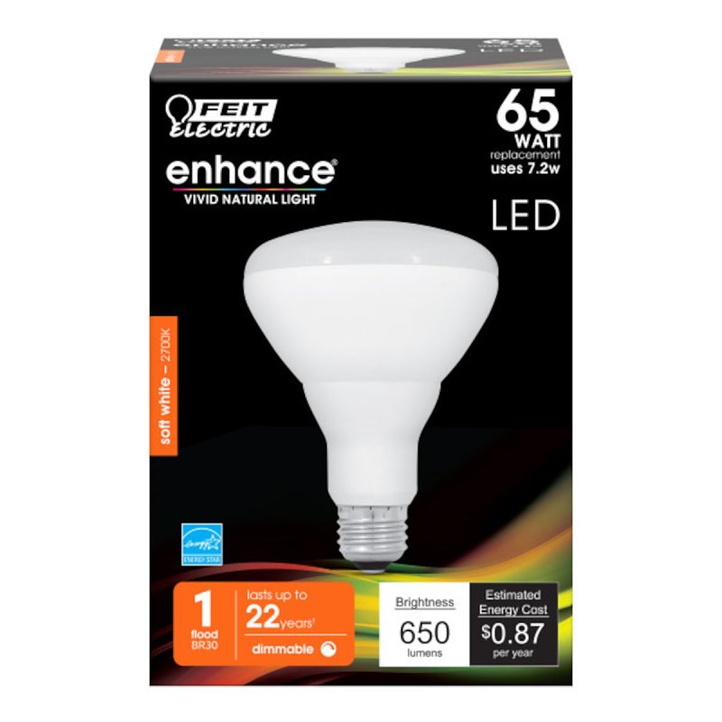 Feit Electric BR30DM/927CA LED Bulb, 120 V, 650 Lumens, 7.2 W, BR30 Lamp, 65 W Equivalent, E26 Lamp Base