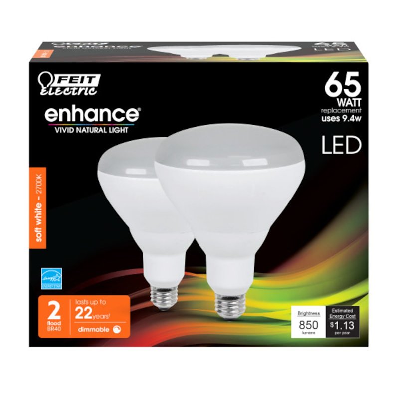Feit Electric BR40DM/927CA/2 LED Bulb, 120 V, 850 Lumens, 9.4 W, BR40 Lamp, 65 W Equivalent, E26 Lamp Base, 2/PK