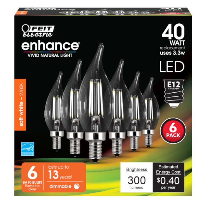 Feit Electric CFC40/927CA/FIL/6 LED Bulb, Decorative, 300 Lumens, 3.3 W, Flame Tip Lamp, 40 W Equivalent, Soft White