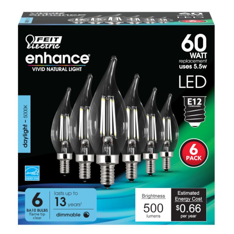 Feit Electric CFC60/950CA/FIL/6 LED Bulb, Decorative, 500 Lumens, 5.5 W, Flame Tip Lamp, 60 W Equivalent, Daylight