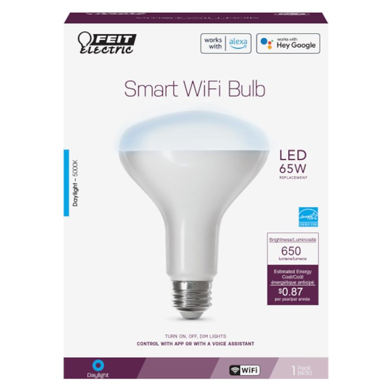 Feit Electric BR30/950CA/AG Smart Bulb, 700 Lumens, 5000 K Color Temp, 8 W, Wi-Fi Connectivity: 2.4 GHz, Voice Control