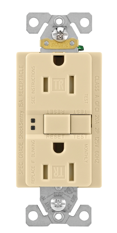 Eaton Wiring Devices TRSGF15V-BOX GFCI Duplex Receptacle, Nylon, Ivory, 2-Pole, 15 A, 125 V, 60 Hz
