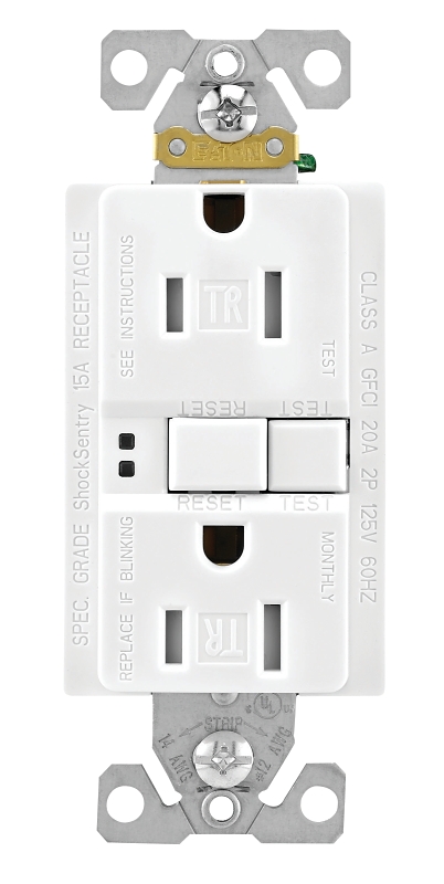 Eaton Wiring Devices TRSGF15W-BOX/TRVG GFCI Duplex Receptacle, Nylon, White, 2-Pole, 15 A, 125 V, 60 Hz