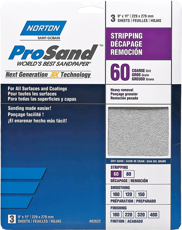 Norton 02622 Sanding Sheet, 11 in L, 9 in W, Coarse, 60 Grit, Aluminum Oxide Abrasive, Fiber Backing
