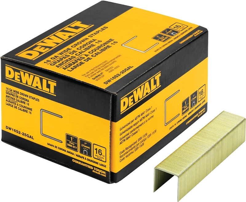 DEWALT DW16S2-25GAL Crown Staple, 1 in W Crown, 3/4 in L Leg, 16 ga, Galvanized, 2000/PK