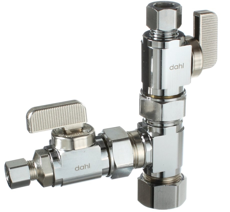 Dahl mini-ball 5000 Series E33-5001 Dual Shut-Off Valve, 5/8 x 3/8 x 3/8 in Connection, Compression, Brass Body