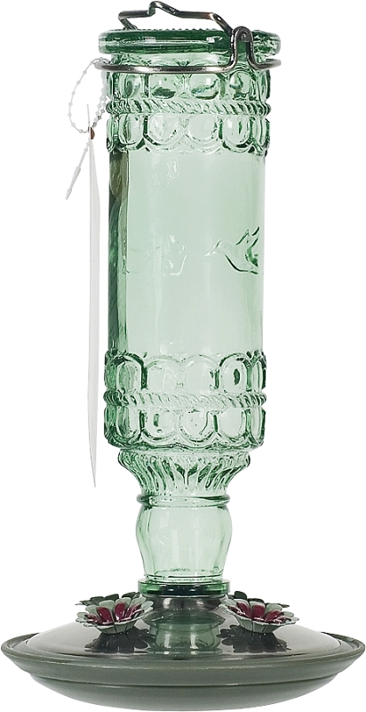 Perky-Pet 8108-2 Bird Feeder, Antique Bottle, 10 oz, 4-Port/Perch, Glass/Metal, Green, 10 in H