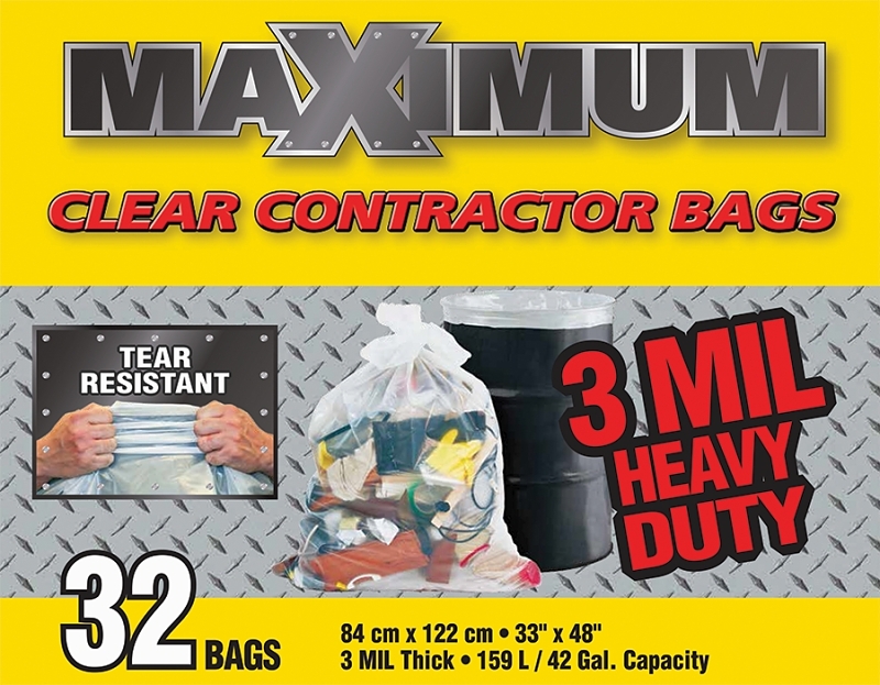 Maximum 34832 Trash Contractor Bag, Hexane/Plastic/Resin, Clear