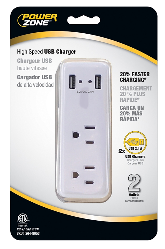 PowerZone ORUSB242 Outlet Charger, 2.4 A, 2-USB Port, 2-Outlet, White