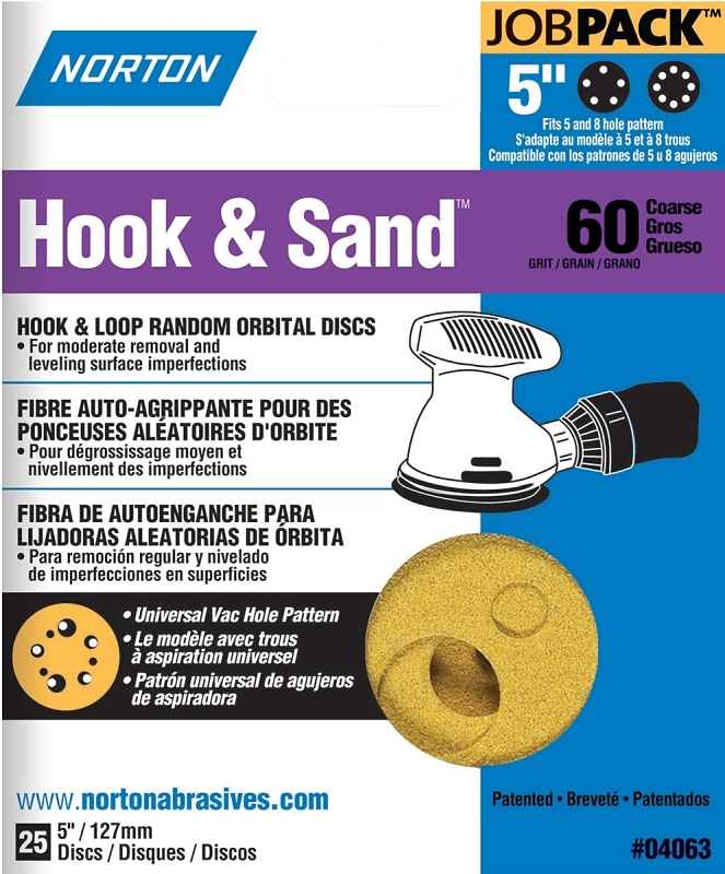 NORTON 04063 Sanding Disc, 5 in Dia, Coated, P60 Grit, Coarse, Aluminum Oxide Abrasive, Paper Backing