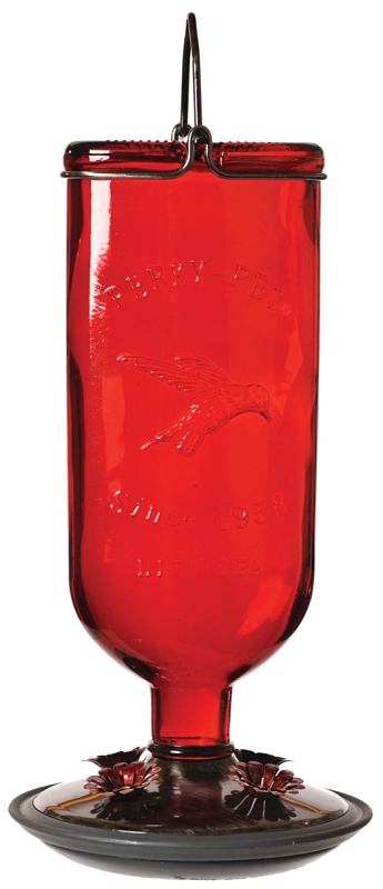 Perky-Pet 8109-2 Bird Feeder, 16 oz, 4-Port/Perch, Glass/Metal, Red, 10.6 in H