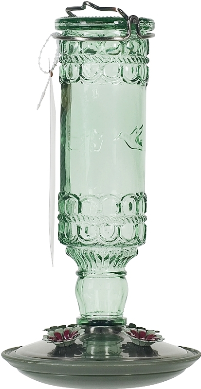 Perky-Pet 8108-2 Bird Feeder, Antique Bottle, 10 oz, 4-Port/Perch, Glass/Metal, Green, 10 in H
