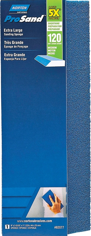 NORTON ProSand 82077 Sanding Sponge, 9 in L, 3-5/16 in W, 120 Grit, Medium, Aluminum Oxide Abrasive