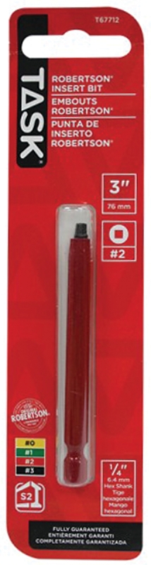 TASK T67712 Screwdriver Bit, #2 Drive, 3 in L, Hardened Tool Steel
