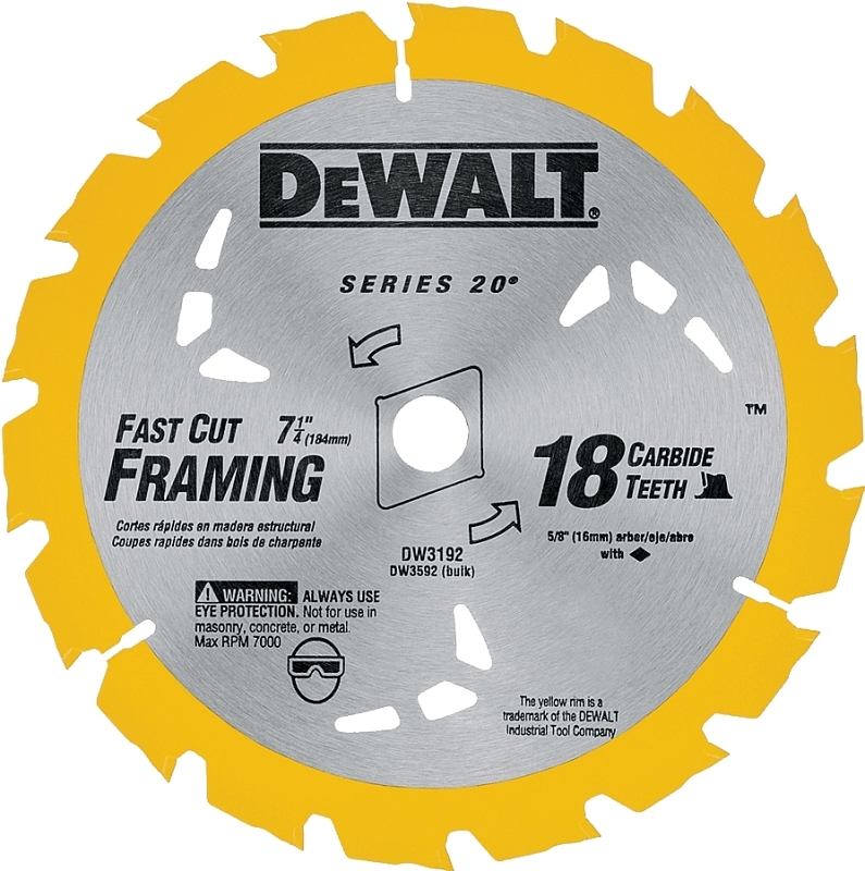 DEWALT DW3192 Saw Blade, 7-1/4 in Dia, 5/8 in Arbor, 18-Teeth, Carbide Cutting Edge