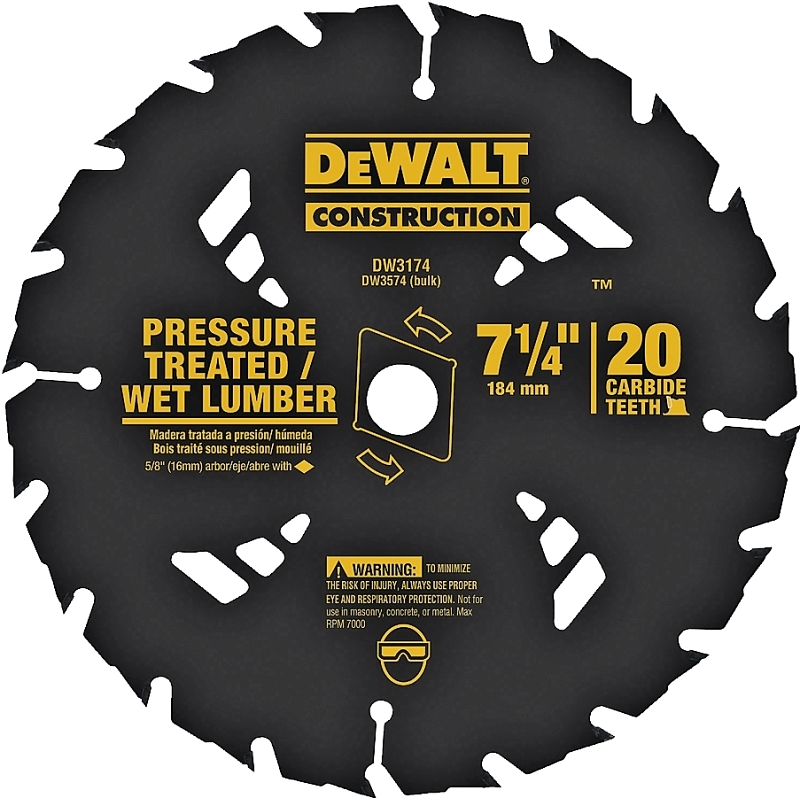 DEWALT DW3174 Circular Saw Blade, 7-1/4 in Dia, 5/8 in Arbor, 20-Teeth, Carbide Cutting Edge