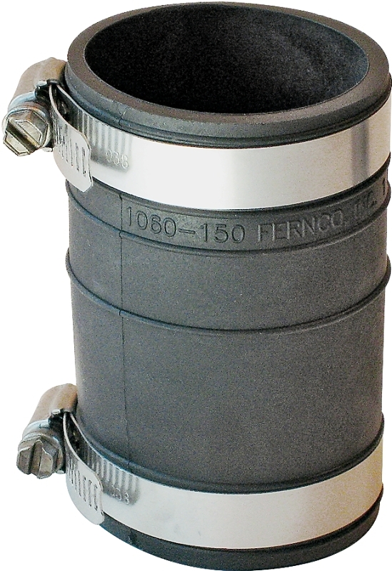FERNCO P1060-150 Flexible Coupling, 1-1/2 in, Socket, PVC, Black, 4.3 psi Pressure