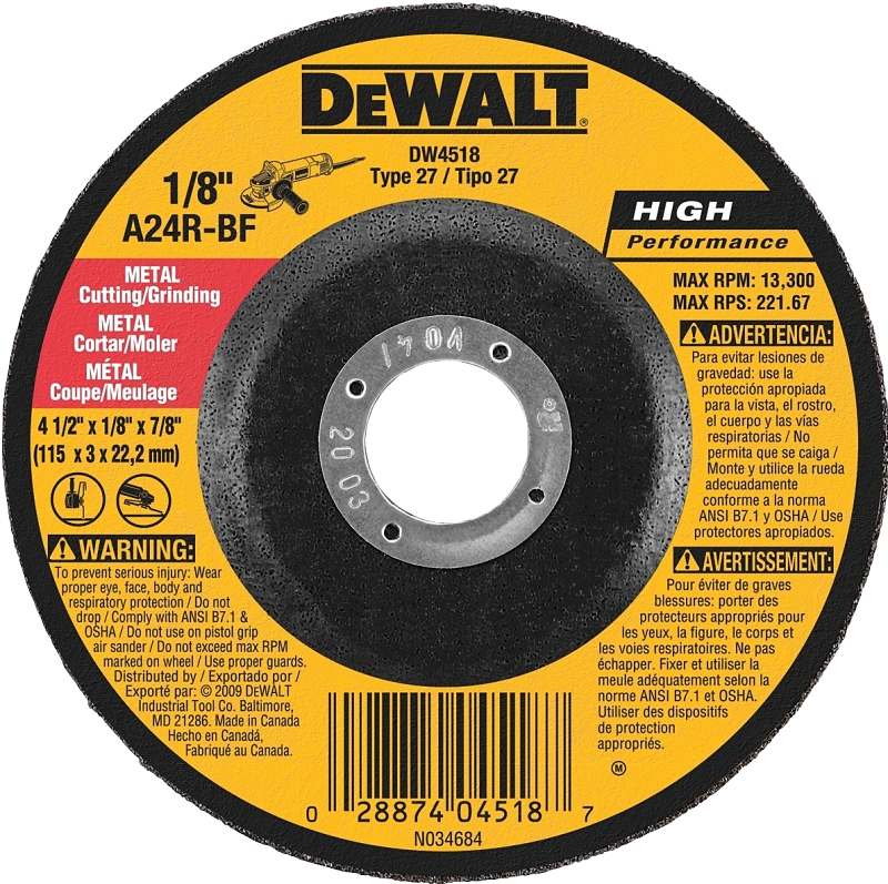 DeWALT DW4518 Grinding Wheel, 4-1/2 in Dia, 1/8 in Thick, 7/8 in Arbor, 24 Grit, Very Coarse