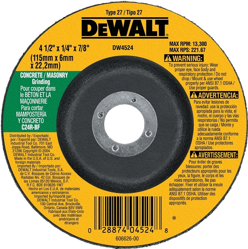 DeWALT DW4524 Grinding Wheel, 4-1/2 in Dia, 1/4 in Thick, 7/8 in Arbor, 24 Grit, Very Coarse