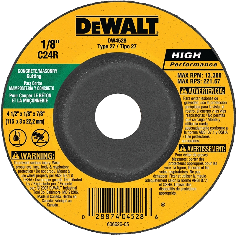 DeWALT DW4528 Grinding Wheel, 4-1/2 in Dia, 1/8 in Thick, 7/8 in Arbor, 24 Grit, Coarse, Silicone Carbide Abrasive