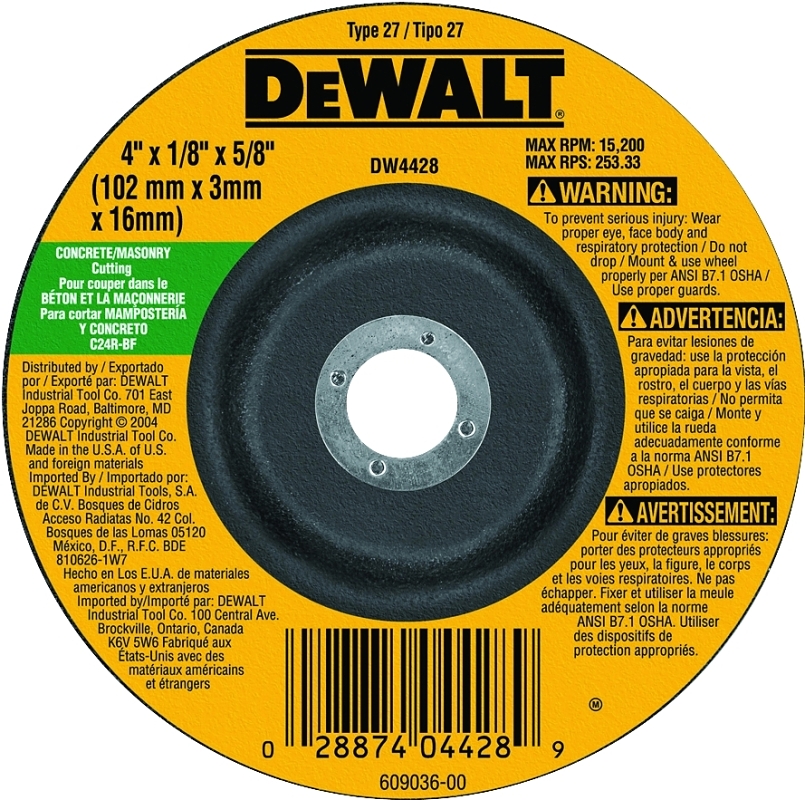 DeWALT DW4428 Grinding Wheel, 4 in Dia, 1/8 in Thick, 5/8 in Arbor, 24 Grit, Coarse, Silicone Carbide Abrasive