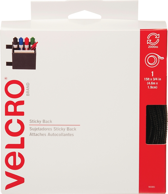 VELCRO Brand 90081 Fastener, 3/4 in W, 15 ft L, Nylon, Black, Rubber Adhesive