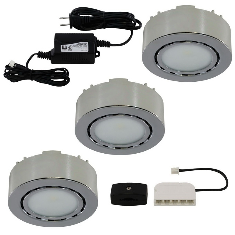 Liteline UCP-LED3-CH Puck Light Kit, 12 VDC, 2 W, 3-Lamp, LED Lamp, 130 Lumens, 3000 K Color Temp, Chrome Fixture