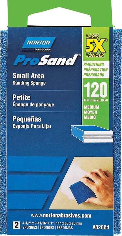 NORTON ProSand 82064 Sanding Sponge, 4-1/2 in L, 2-11/16 in W, 120 Grit, Coarse, Aluminum Oxide Abrasive