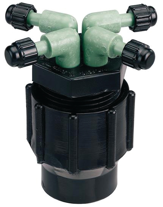 Orbit 67025 Manifold, 1/2 x 1/4 in Connection, Thread x Barb, 1/4 in Tubing, Plastic, Black