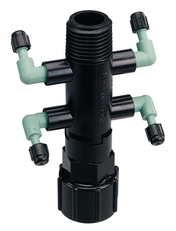 Orbit 67060 Manifold, 1/2 x 1/4 in Connection, Thread x Barb, 4 -Port, 1/4 in Tubing, Black