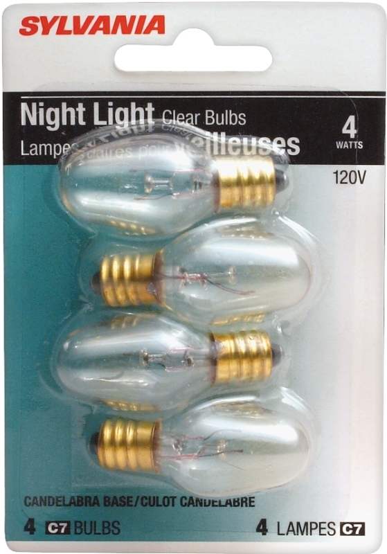 Sylvania 13549 Incandescent Lamp, Clear Lamp, 4 W, Candelabra E12 Lamp Base, C7 Lamp, 16 Lumens, 120 V
