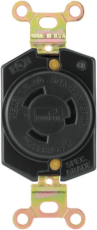 Eaton Wiring Devices L520R Single Receptacle, 2 -Pole, 125 V, 20 A, Back and Side Wiring, NEMA: NEMA L5-20, Black