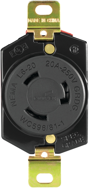 Eaton Wiring Devices L620R Single Receptacle, 2 -Pole, 250 V, 20 A, Back and Side Wiring, NEMA: NEMA L6-20, Black