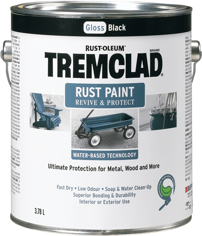 Tremclad 26026WB155 Rust Preventative Paint, Water, Gloss, Black, 3.78 L, Can, 350 sq-ft Coverage Area