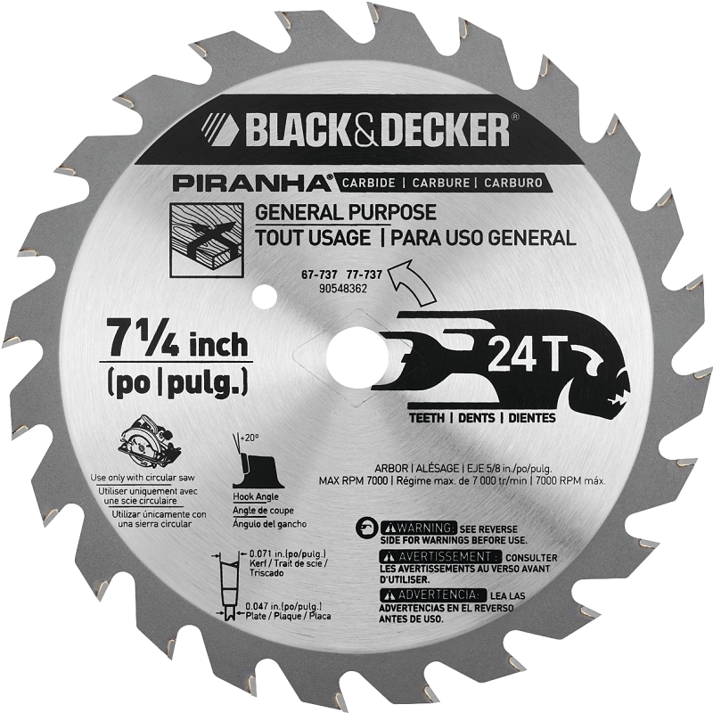 Black+Decker 67-737 Circular Saw Blade, 7-1/4 in Dia, 5/8 in Arbor, 24-Teeth, Carbide Cutting Edge