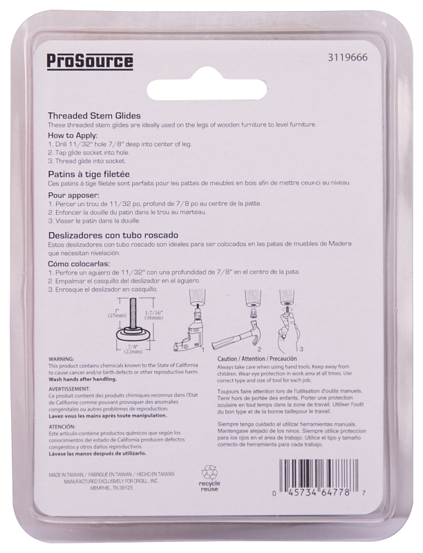ProSource FE-S504-PS Furniture Glide, Plastic/Steel, Silver, Nickel Plated, 7/8 x 7/8 x 1-7/16 in Dimensions