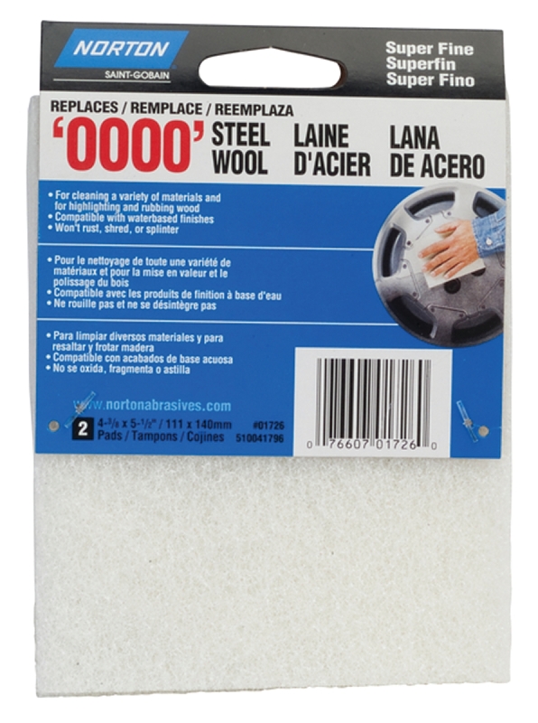 NORTON 01726 Steel Wool, 4-3/8 in L, 5-1/2 in W, #0000 Grit, Super Fine, White