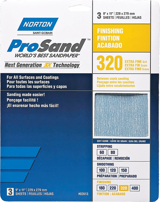 Norton 07660768157 3X High Performance Premium Sanding Sheet, 11 in x 9 in, P320 Grit, Extra Fine Grade