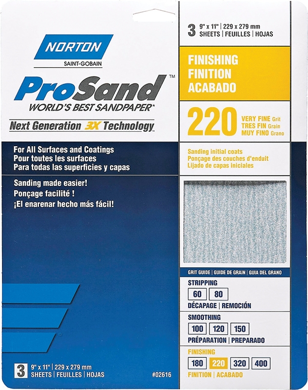 Norton ProSand 02616 Sanding Sheet, 11 in L, 9 in W, Very Fine, 220 Grit, Aluminum Oxide Abrasive, Fiber Backing