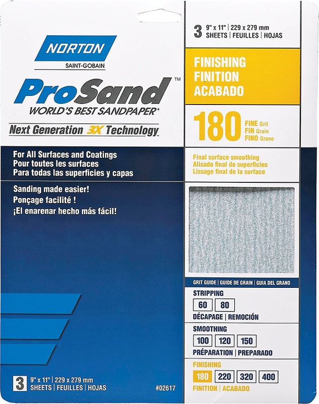 NORTON ProSand 07660768159 Sanding Sheet, 11 in L, 9 in W, Fine, 180 Grit, Aluminum Oxide Abrasive, Paper Backing