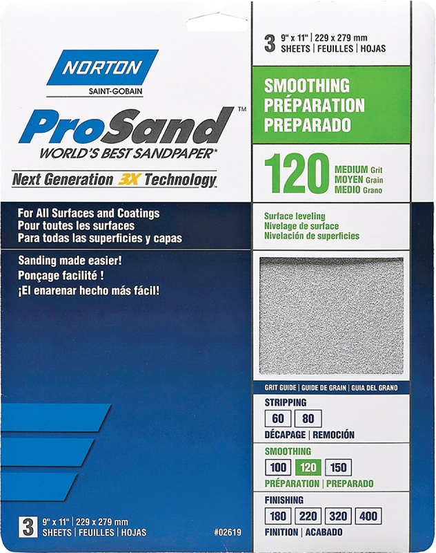 NORTON ProSand 07660768161 Sanding Sheet, 11 in L, 9 in W, Medium, 120 Grit, Aluminum Oxide Abrasive