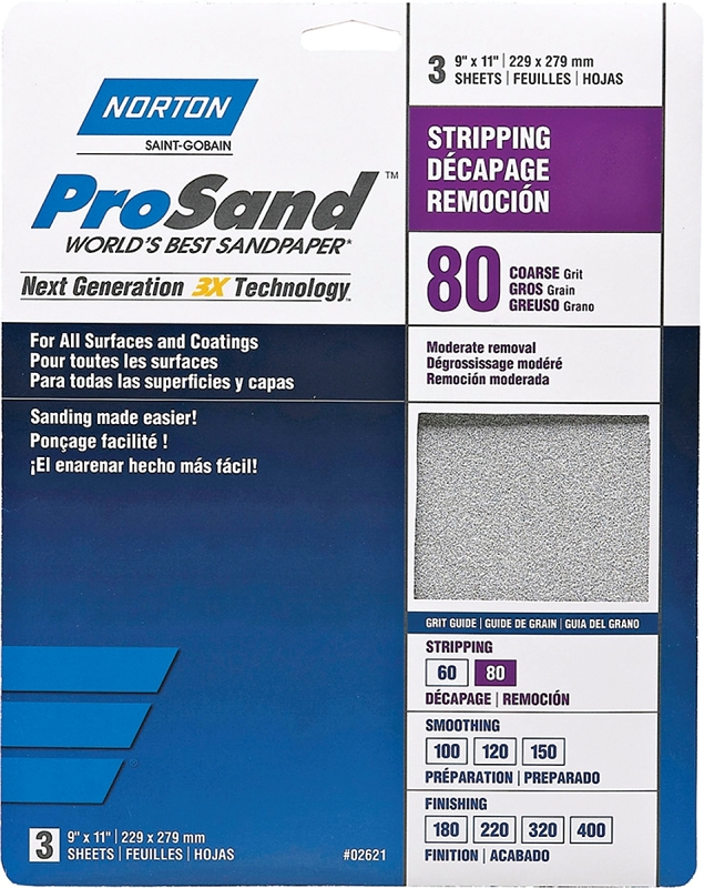 NORTON ProSand 07660768163 Sanding Sheet, 11 in L, 9 in W, Coarse, 80 Grit, Aluminum Oxide Abrasive, Paper Backing