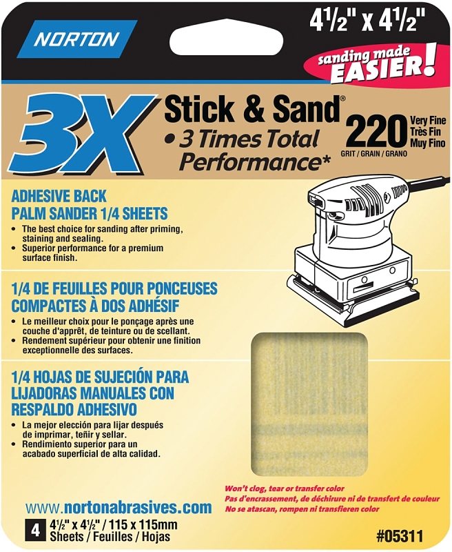 NORTON ProSand 07660705311 Sanding Sheet, 4-1/2 in L, 4-1/2 in W, Very Fine, 220 Grit, Aluminum Oxide Abrasive