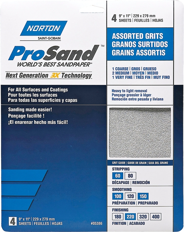 Norton 05386 Assorted Sanding Sheet, 11 in L, 9 in W, 60, 100, 150, 220 Grit, Aluminum Oxide Abrasive, Fiber Backing